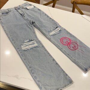 Cider Light Blue Straight Leg Jeans with Pink Graphic
